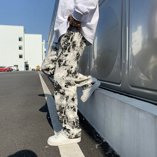 Mens Jean Fashion Printed jeans Spring 2024 Mopping Trousers Jeans Korean Style High Street Loose Hip Hop Wide-leg Jean Pants