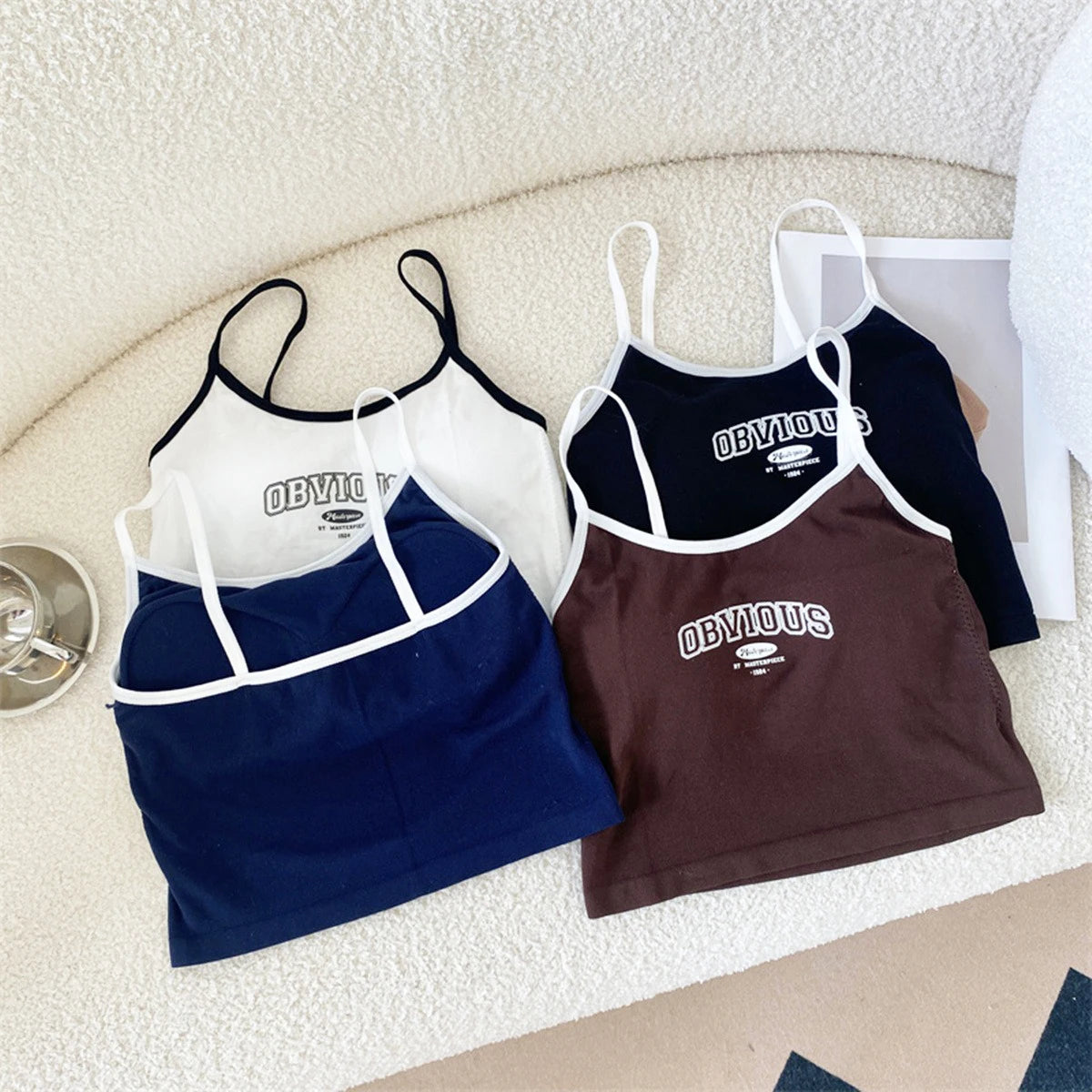 2024 Summer Letter Printing Tops Spaghetti Camisole Women With Padded Bra Crop Tops O-Neck Solid Crop Tops Y2k Sports Short Vest