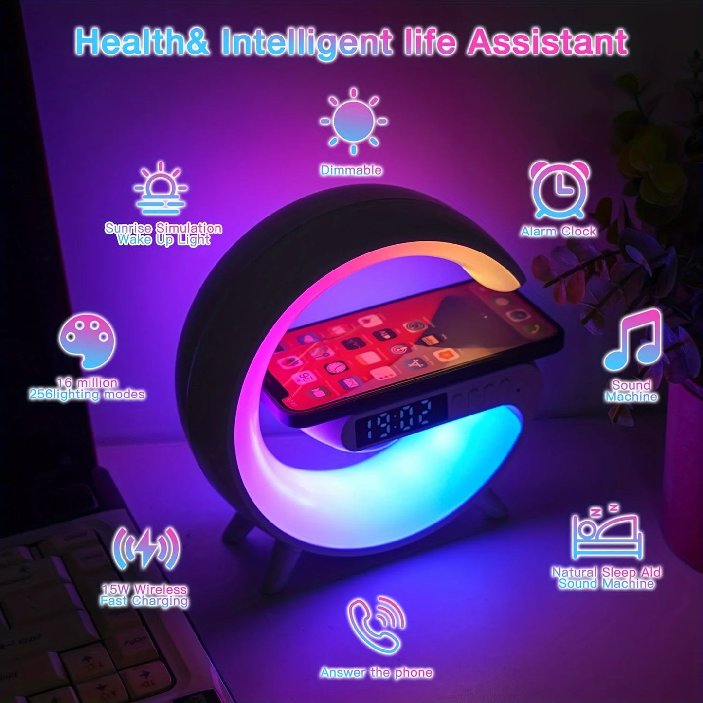 15W Wireless Charger Station Multifunction RGB Desk Lamp Alarm Clock Speaker For iPhone Samsung Huawei Fast Charging Stand Pad