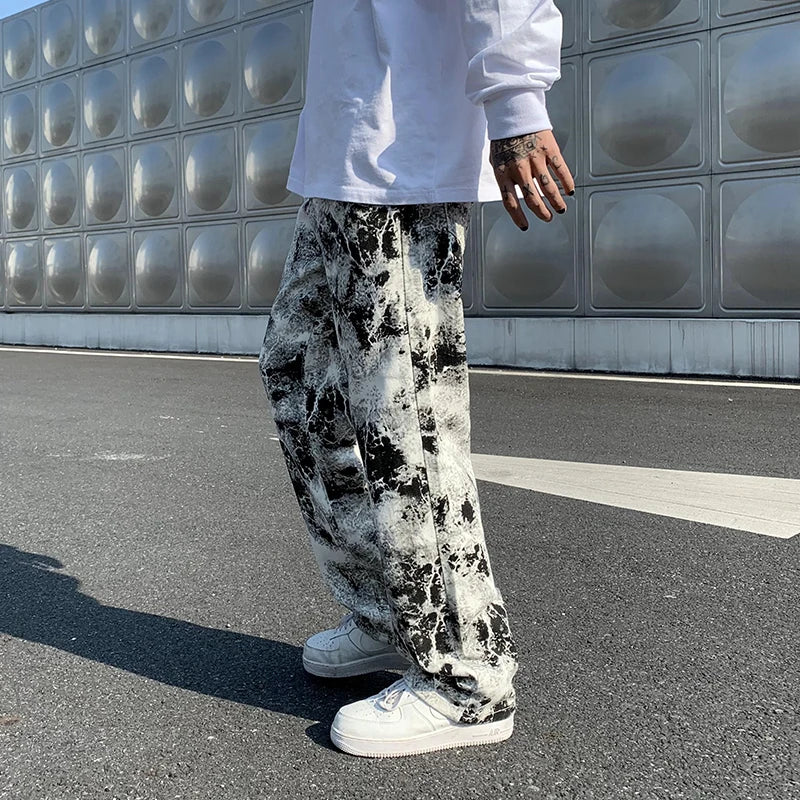 Mens Jean Fashion Printed jeans Spring 2024 Mopping Trousers Jeans Korean Style High Street Loose Hip Hop Wide-leg Jean Pants