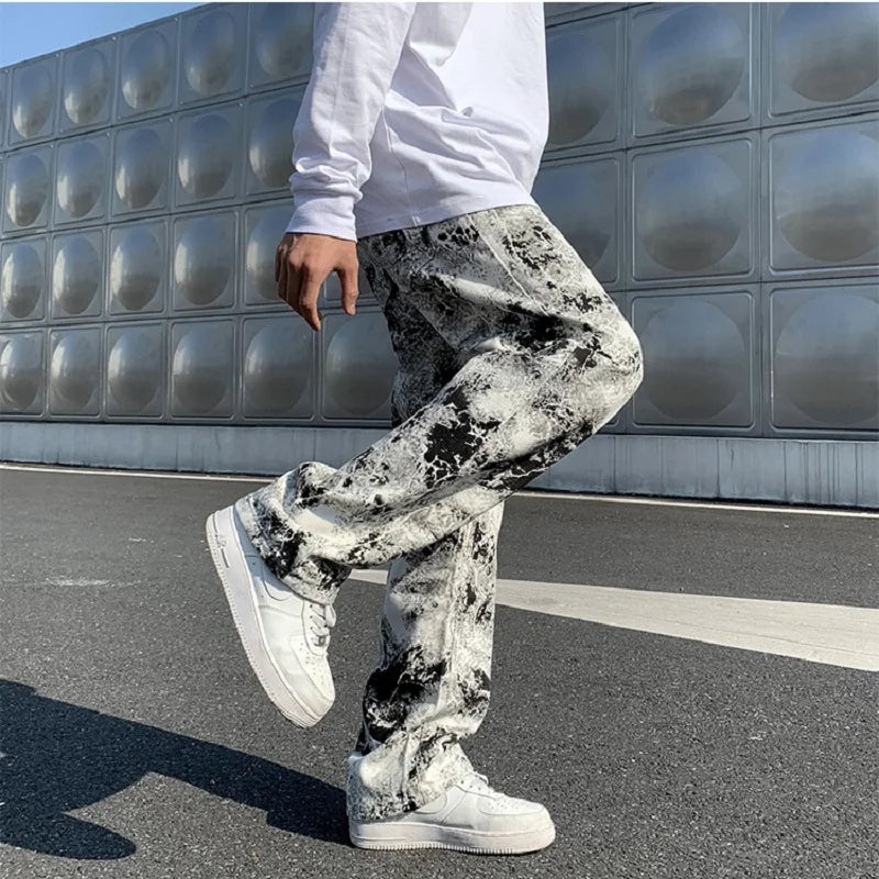 Mens Jean Fashion Printed jeans Spring 2024 Mopping Trousers Jeans Korean Style High Street Loose Hip Hop Wide-leg Jean Pants