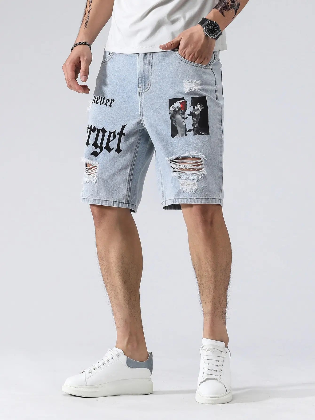 Men Summer Stretchy Denim Shorts Jeans For Men Streetwear Letter Ripped Knee length Baggy Comfort Cargo Casual Shorts Pants Jean