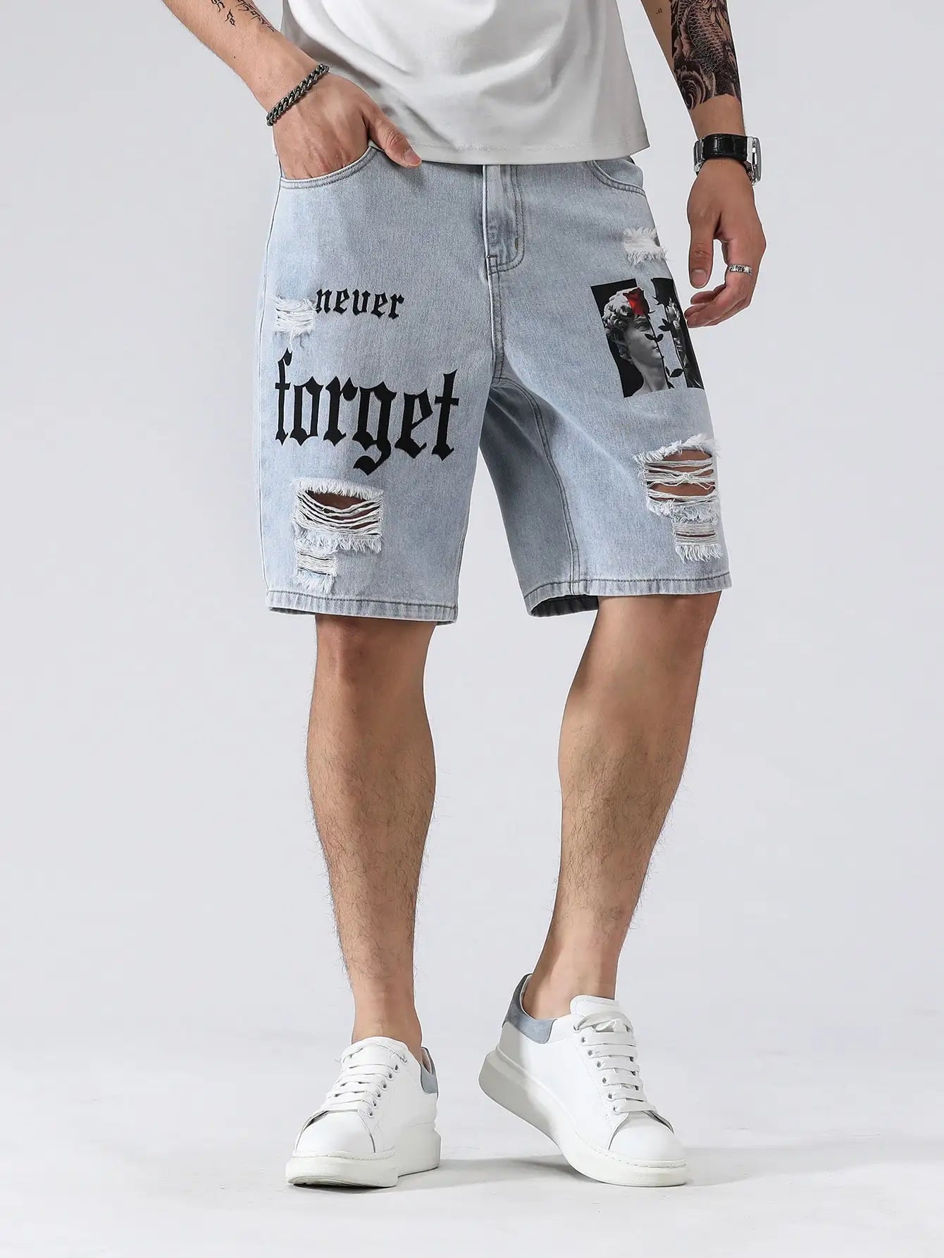 Men Summer Stretchy Denim Shorts Jeans For Men Streetwear Letter Ripped Knee length Baggy Comfort Cargo Casual Shorts Pants Jean