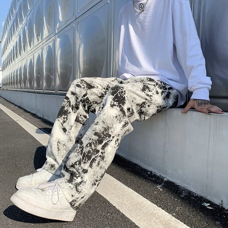 Mens Jean Fashion Printed jeans Spring 2024 Mopping Trousers Jeans Korean Style High Street Loose Hip Hop Wide-leg Jean Pants