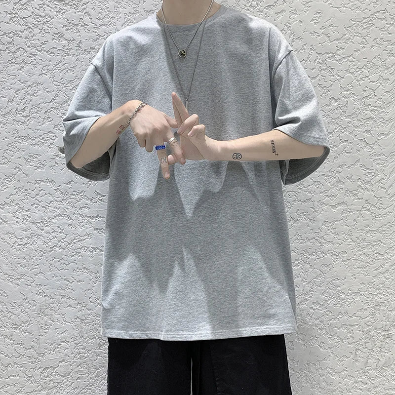 Oversized Summer Short Sleeve Men's T Shirt New Fashion Solid Loose O-Neck T Shirts Mens Cotton Hip Hop Streetwear Top Tees